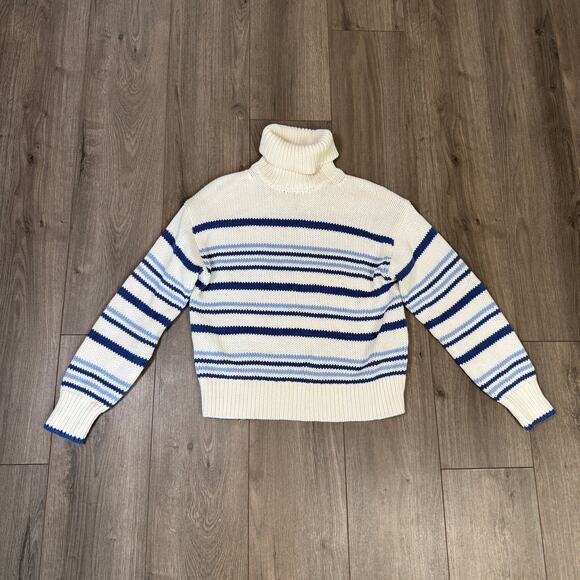 Madewell Ribbed Cotton Turtleneck Sweater WMNS S White Blue Stripes Relaxed Fit - Picture 4 of 8